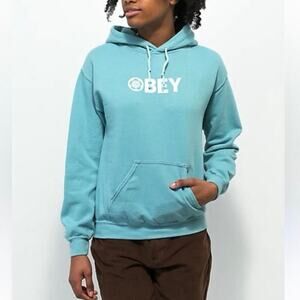 Obey Worldwide Hoodie L Teal Pullover Graphic Streetwear Cotton Blend